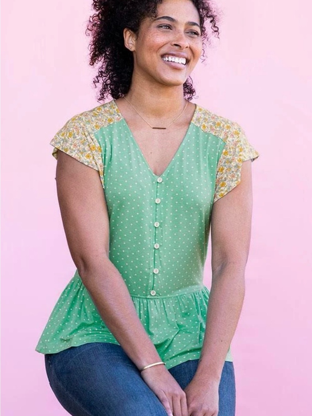 Matilda Jane Green Polka Dot Button-Front Peplum Top with Yellow Floral Sleeves